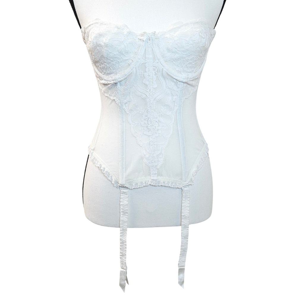 Vanity Fair Bustier Women 36 White Lace Mesh Garter Vintage Coquette Victorian